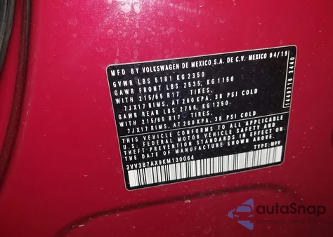 2019 Volkswagen Tiguan 2.0T Se/2.0T Sel/2.0T Sel R-Line/2.0T Sel R-Line Black из США, поврежденный, VIN 3VV3B7AX9KM130064